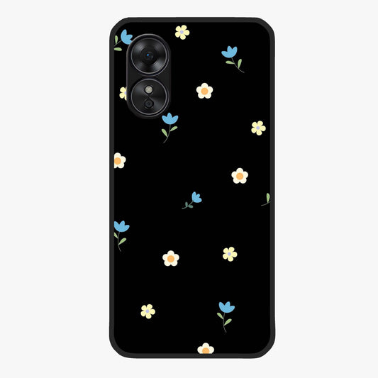 Minimalistic Blue With White Flower Pattern Glass Case showing flat back view with blue background and white flower pattern and glossy glass finish.