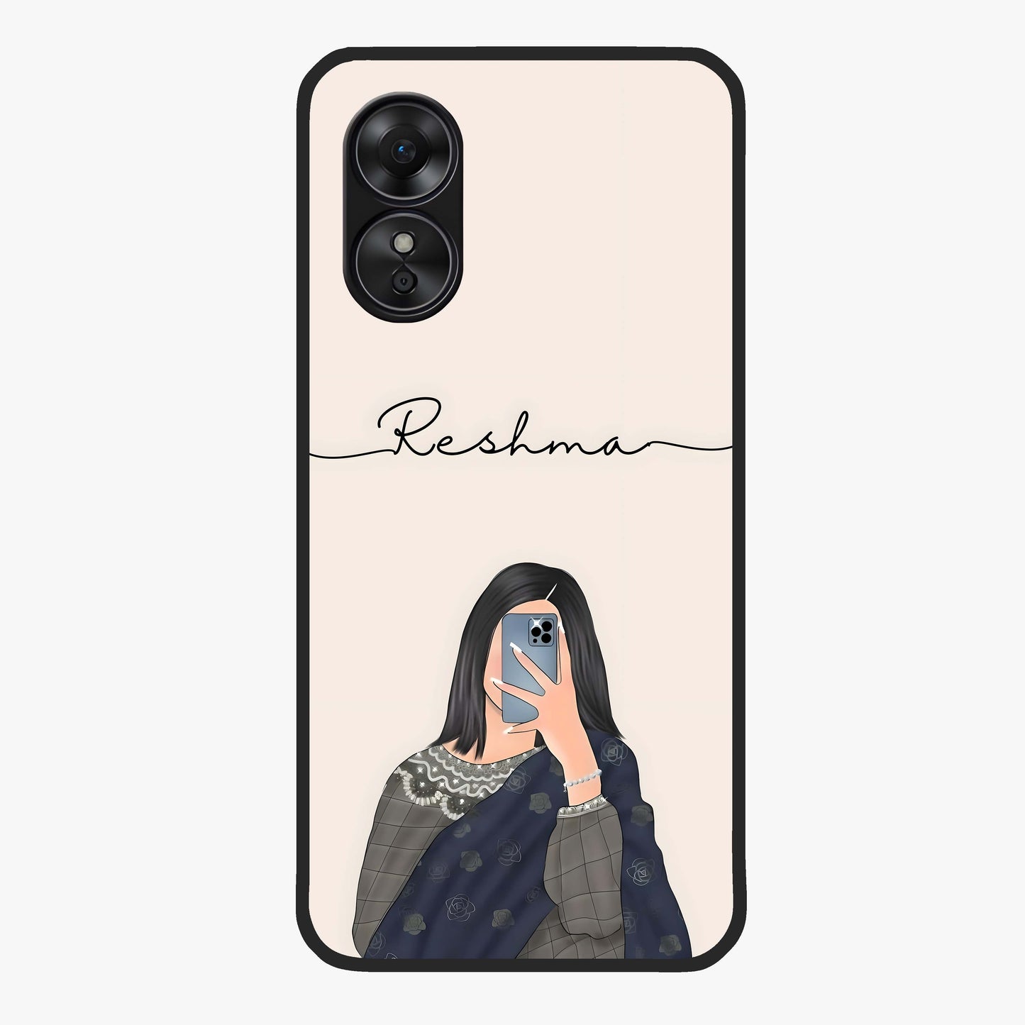Mirror Mood Muse With Custom Name Glass Case showing flat back view with stylish mirrored artwork and personalized name design.