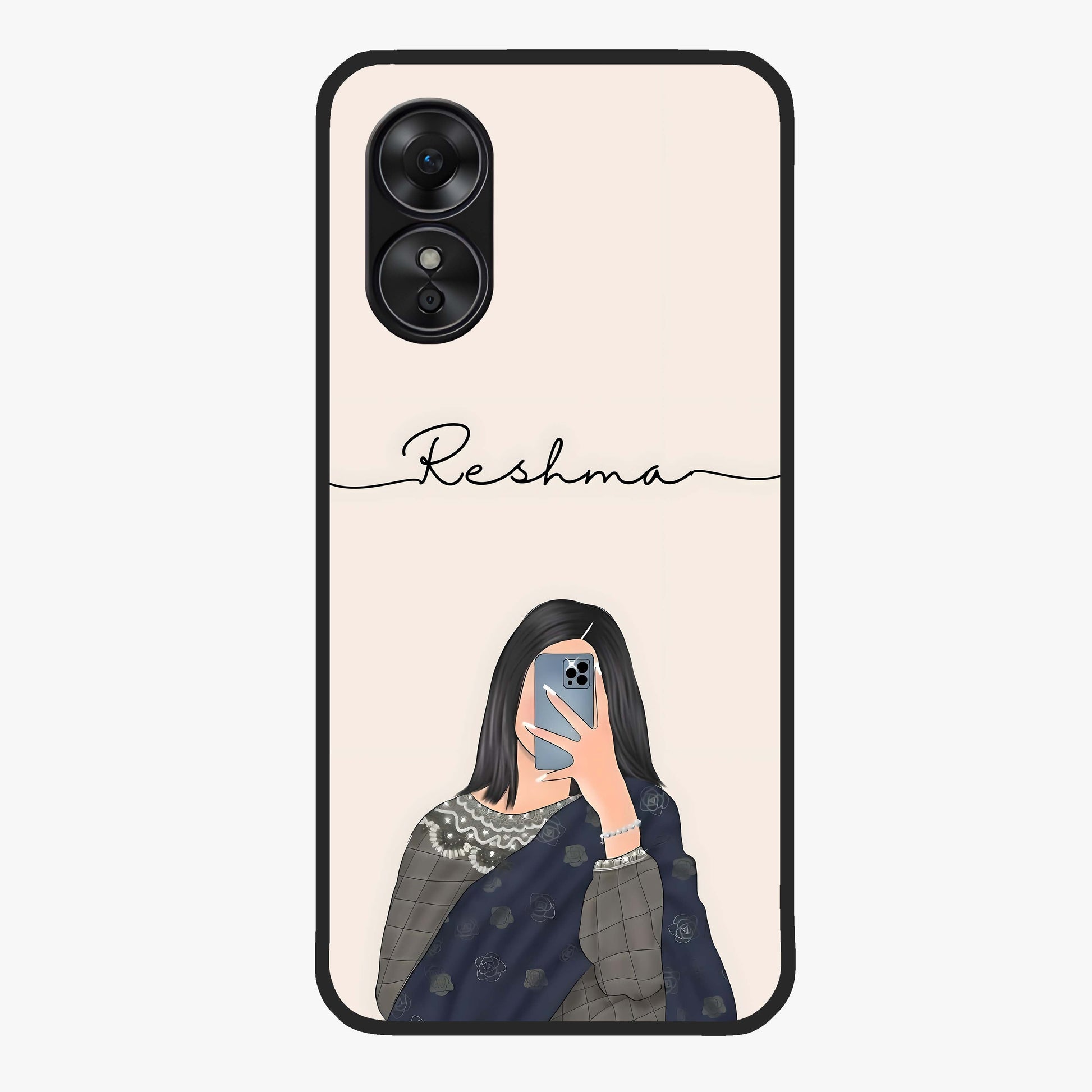 Mirror Mood Muse With Custom Name Glass Case showing flat back view with stylish mirrored artwork and personalized name design.