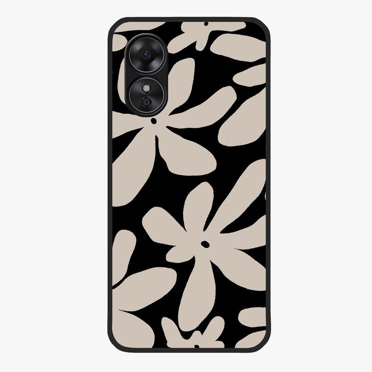Monochrome Petal Dance Glass Case showing flat back view with monochrome floral artwork and glossy glass finish.