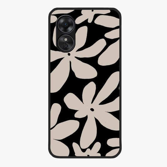 Monochrome Petal Dance Glass Case showing flat back view with monochrome floral artwork and glossy glass finish.