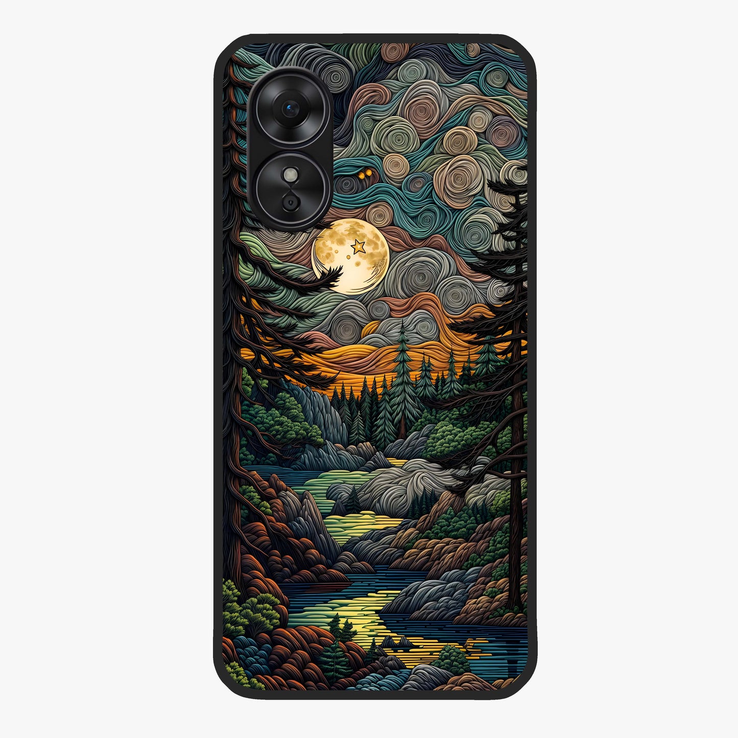 Moonlight Forest Dream Glass Case showing flat back view with mystical forest moonlight artwork and glossy glass finish.