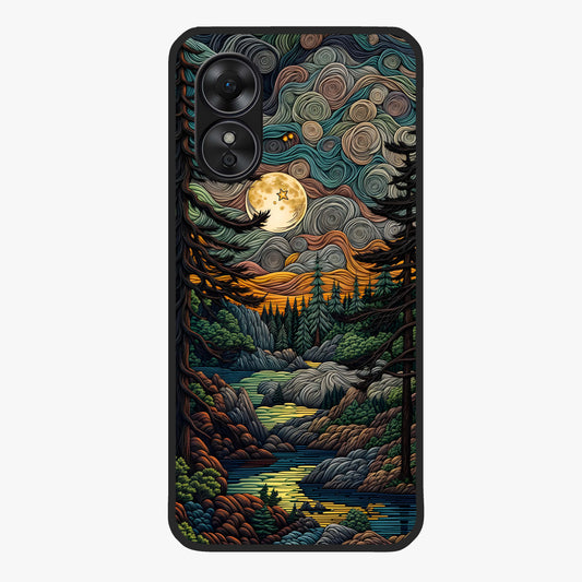 Moonlight Forest Dream Glass Case showing flat back view with mystical forest moonlight artwork and glossy glass finish.