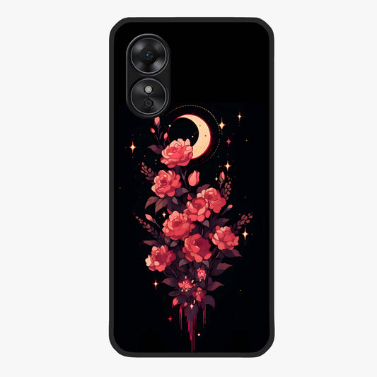 Moonlit Floral Elegance Glass Case showing flat back view with elegant floral artwork under moonlit tones and glossy glass finish.