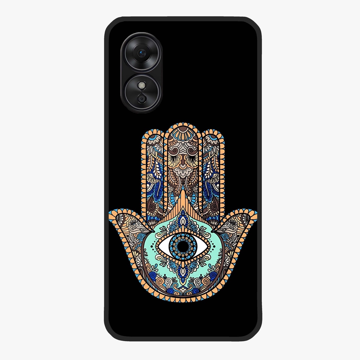 Mystic Hamsa Eye Glass Case showing flat back view with protective hamsa hand and evil eye artwork and glossy glass finish.
