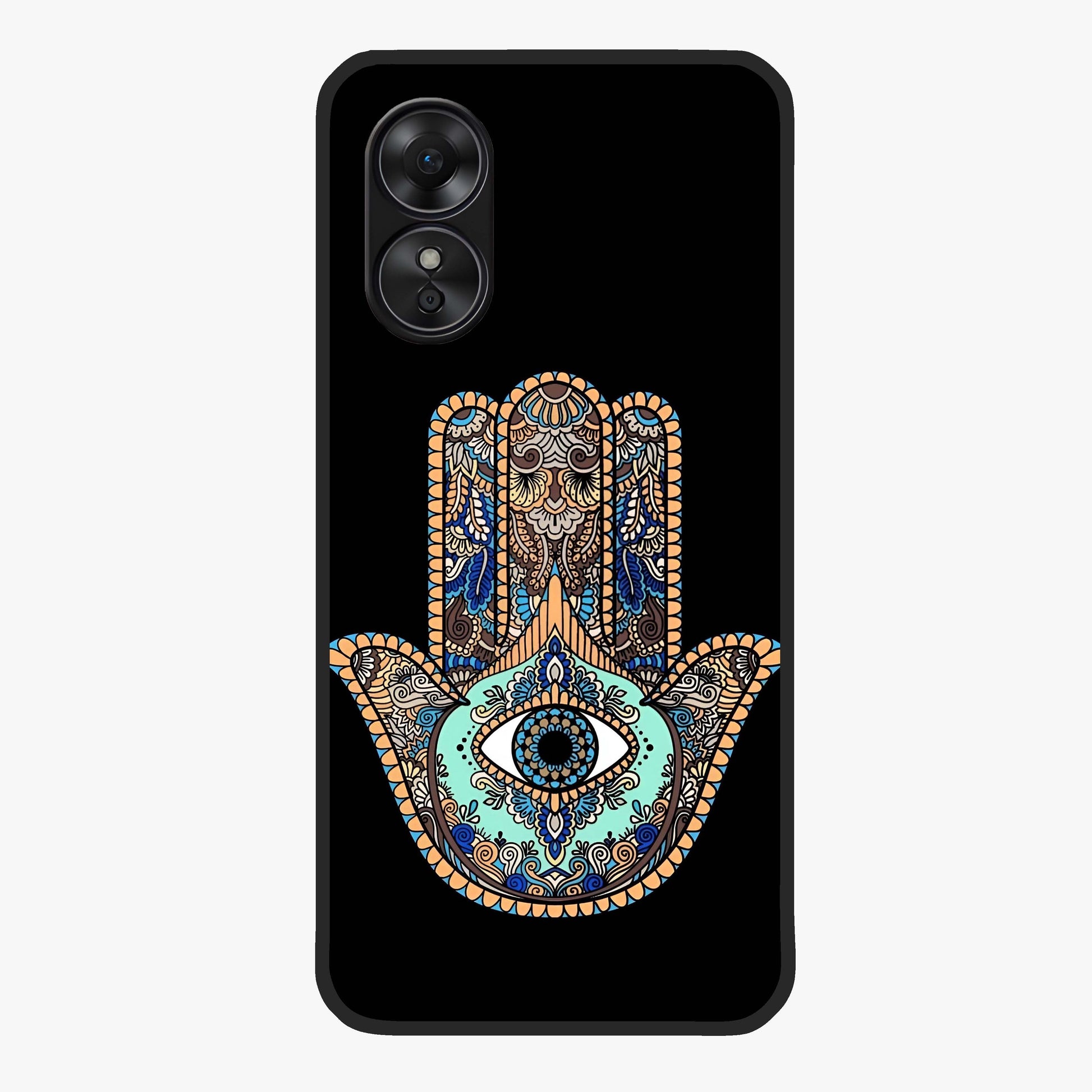 Mystic Hamsa Eye Glass Case showing flat back view with protective hamsa hand and evil eye artwork and glossy glass finish.