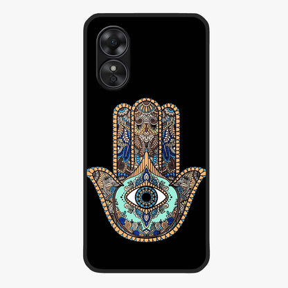 Mystic Hamsa Eye Glass Case showing flat back view with protective hamsa hand and evil eye artwork and glossy glass finish.