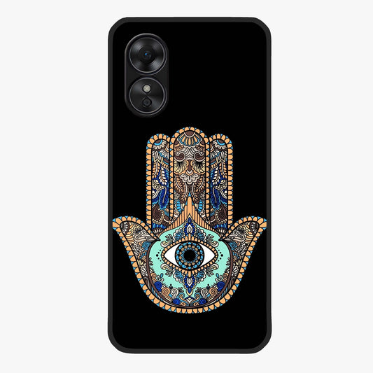 Mystic Hamsa Eye Glass Case showing flat back view with protective hamsa hand and evil eye artwork and glossy glass finish.