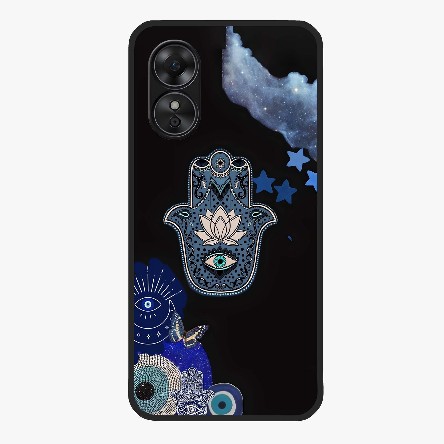Mystic Hand Aura Glass Case showing flat back view with mystical hand symbol artwork and glossy glass finish.