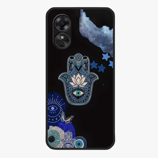 Mystic Hand Aura Glass Case showing flat back view with mystical hand symbol artwork and glossy glass finish.