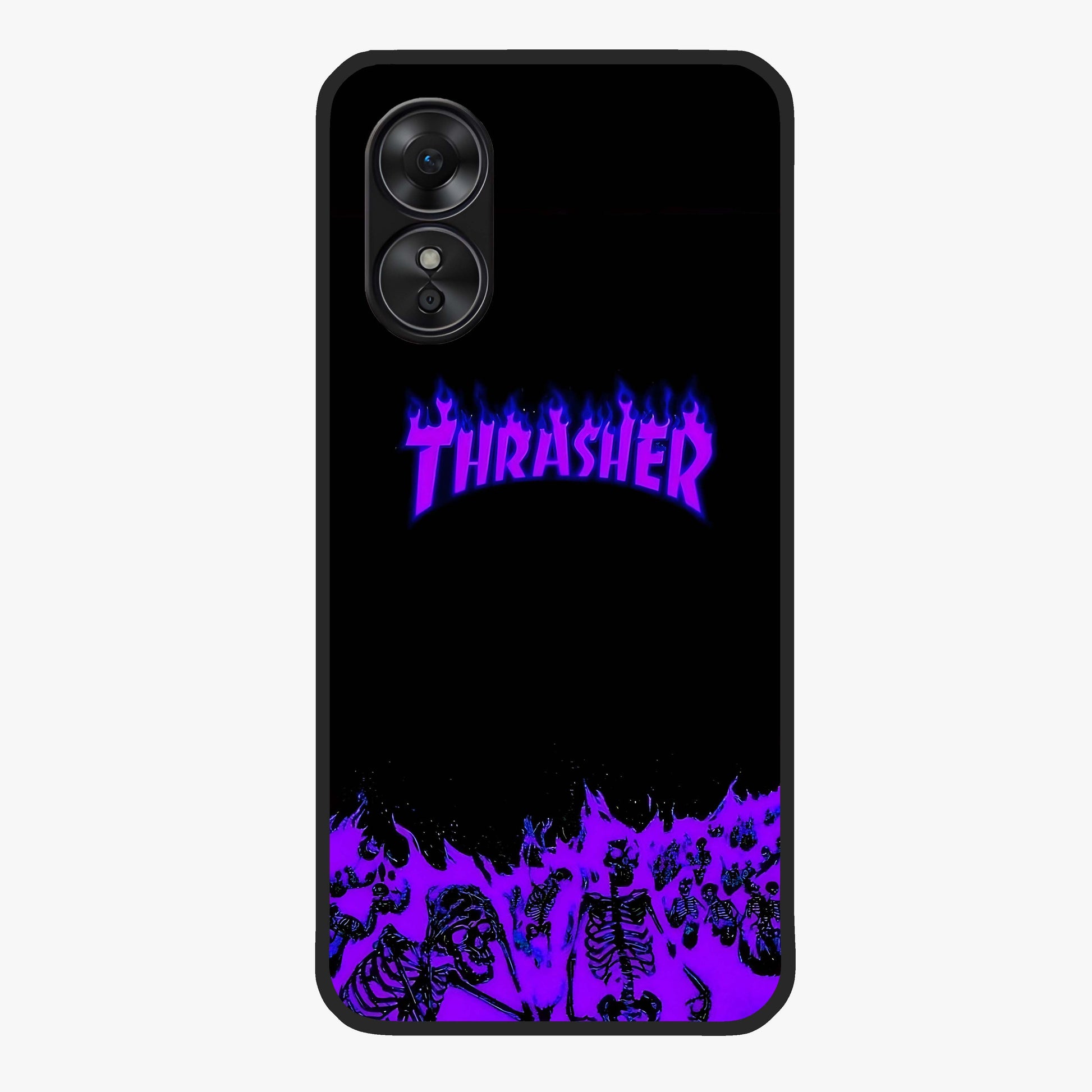 Neon Flame Riot Glass Case showing flat back view with neon flame artwork and glossy glass finish.