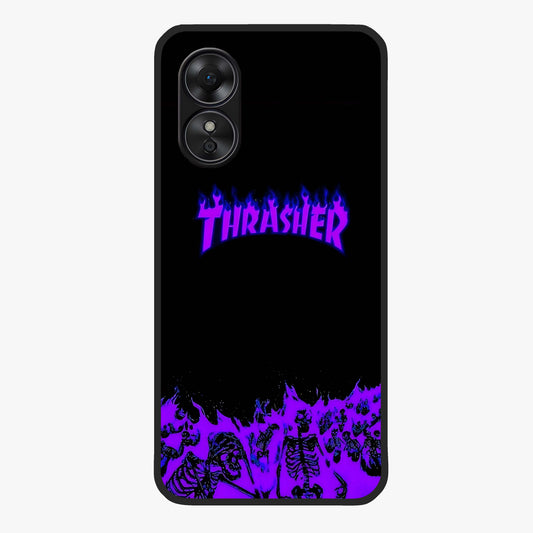 Neon Flame Riot Glass Case showing flat back view with neon flame artwork and glossy glass finish.