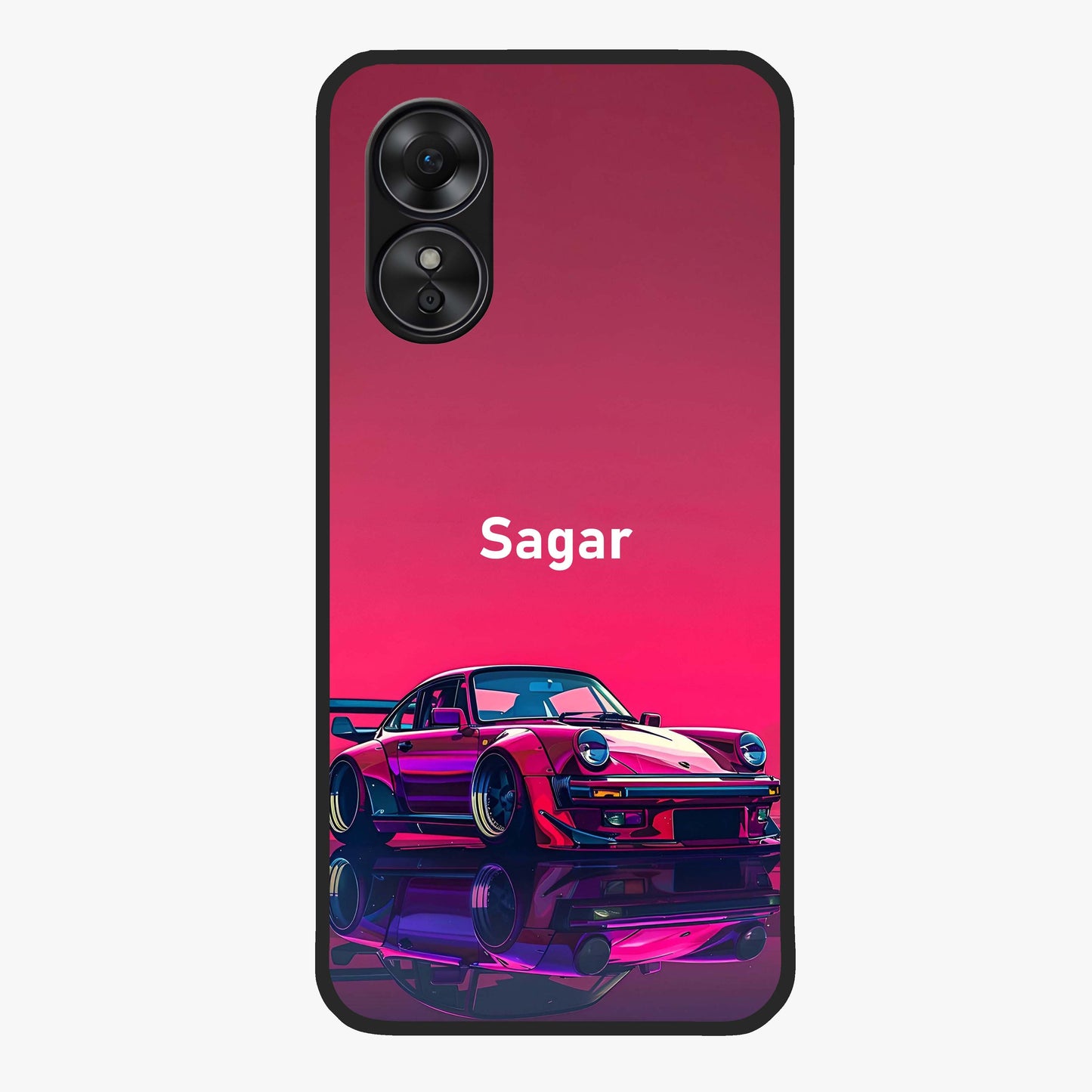 Neon Pink Porsche Glass Case showing flat back view with stylish sports car artwork and glossy glass finish.