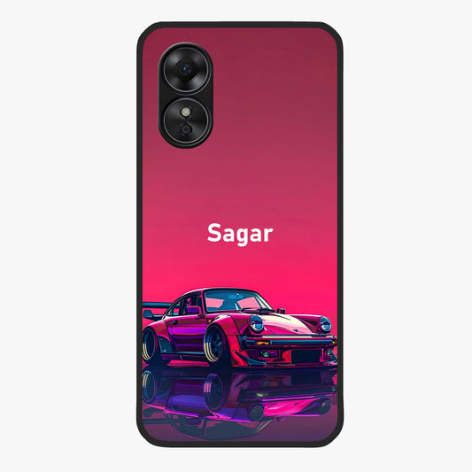 Neon Pink Porsche Glass Case showing flat back view with stylish sports car artwork and glossy glass finish.