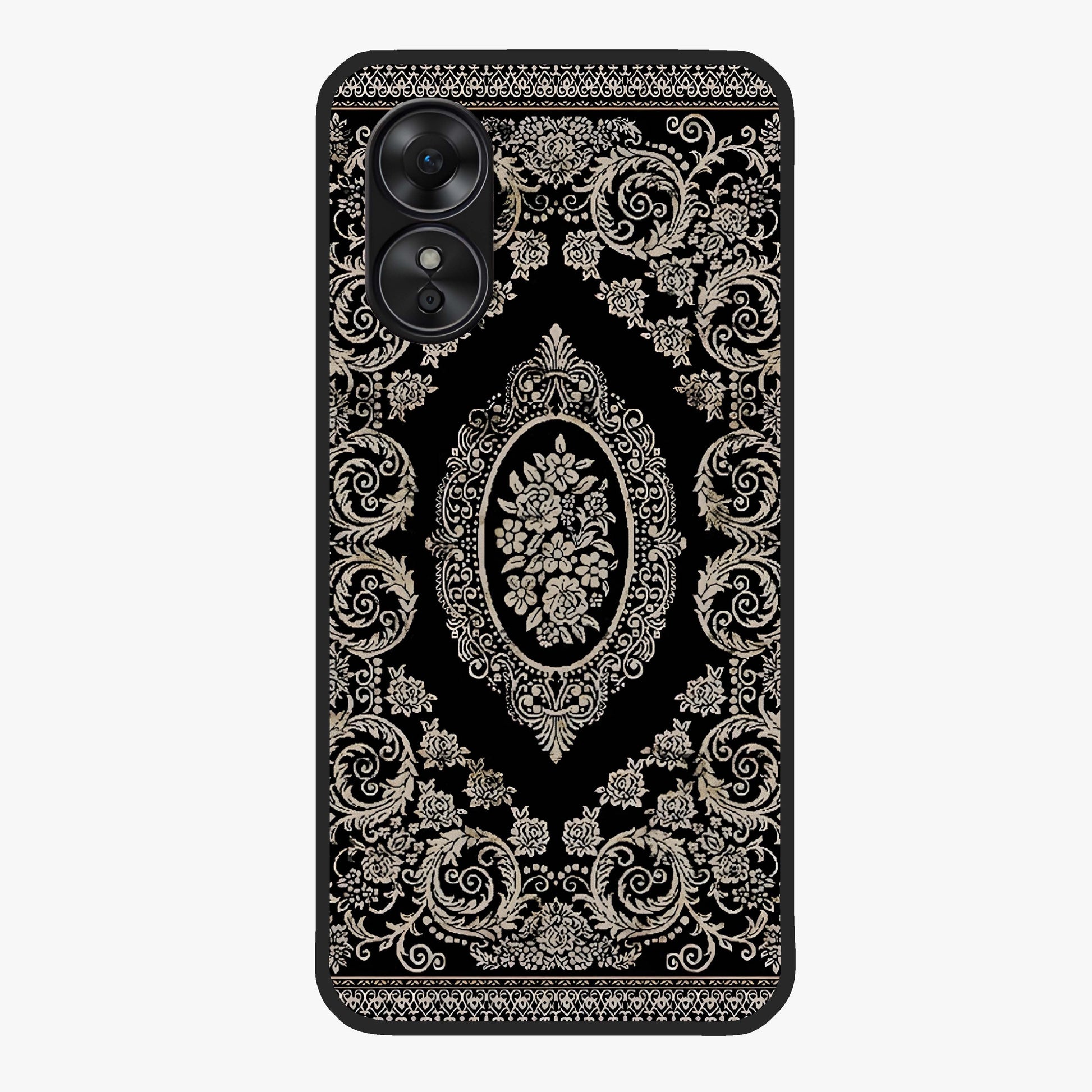 Noir Bloom Elegance Glass Case showing flat back view with elegant dark floral artwork and glossy glass finish.