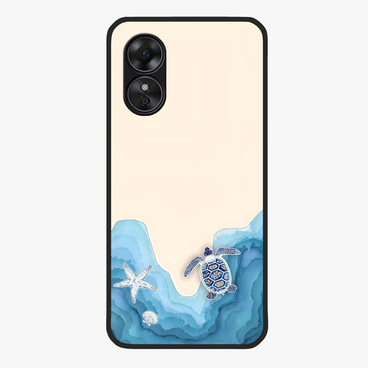 Ocean Drift Turtle Glass Case showing flat back view with sea turtle artwork and glossy glass finish.