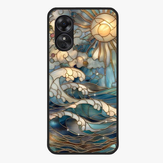 Oceanic Stained Printed Glass Case showing flat back view with ocean inspired stained pattern artwork and glossy glass finish.