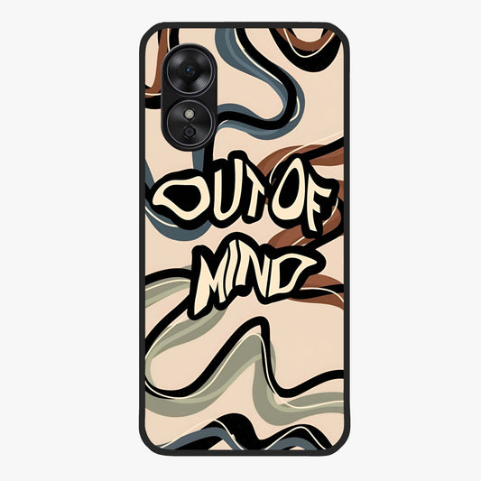 Out Of Mind Glass Case showing flat back view with expressive typography artwork and glossy glass finish.
