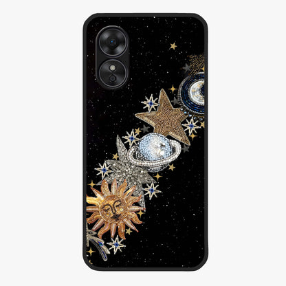 Pearls Universe Object Glass Case showing flat back view with pearl inspired cosmic artwork and glossy glass finish.