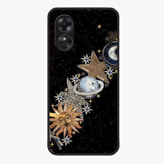 Pearls Universe Object Glass Case showing flat back view with pearl inspired cosmic artwork and glossy glass finish.