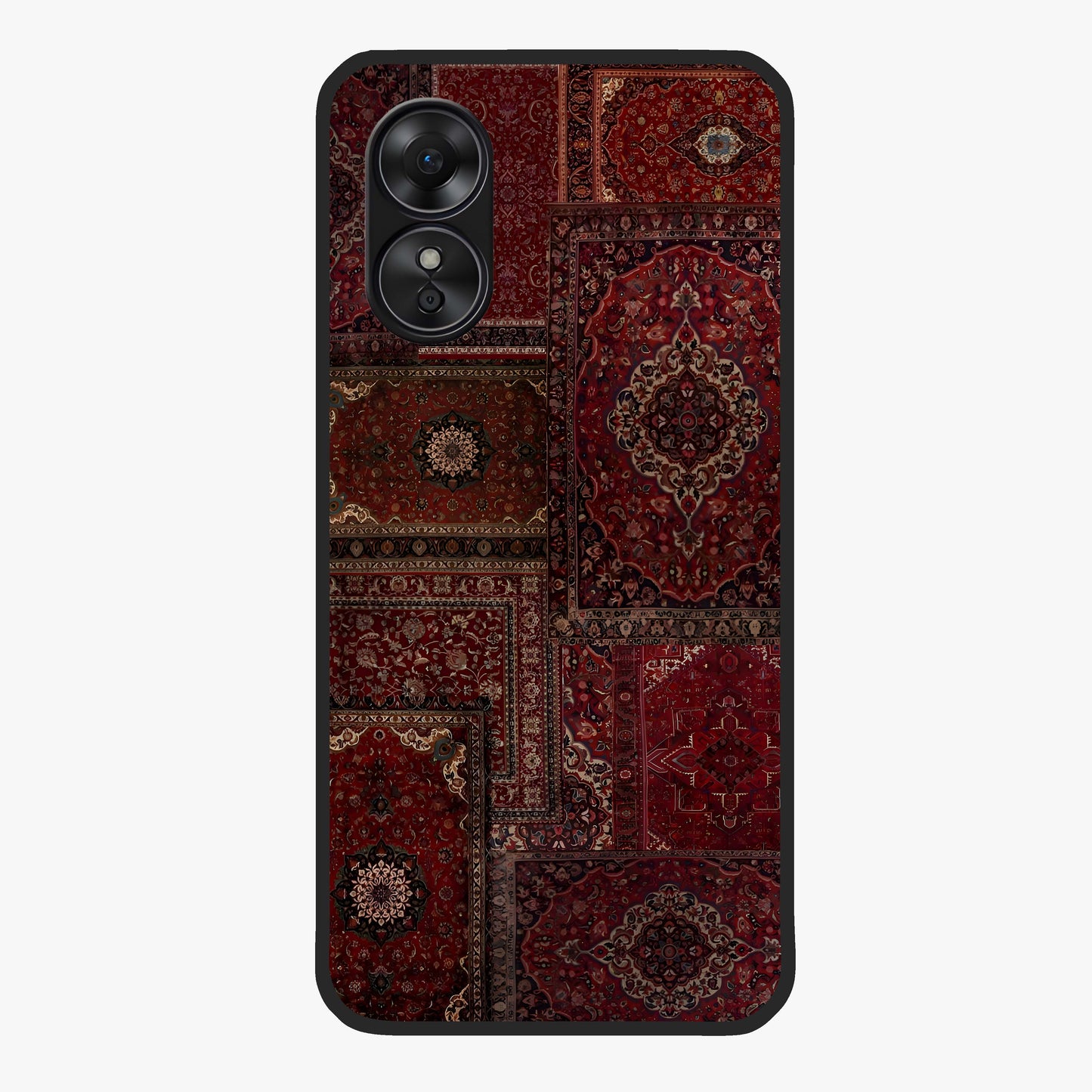 Persian Velvet Tale Glass Case showing flat back view with luxurious Persian velvet pattern artwork and glossy glass finish.
