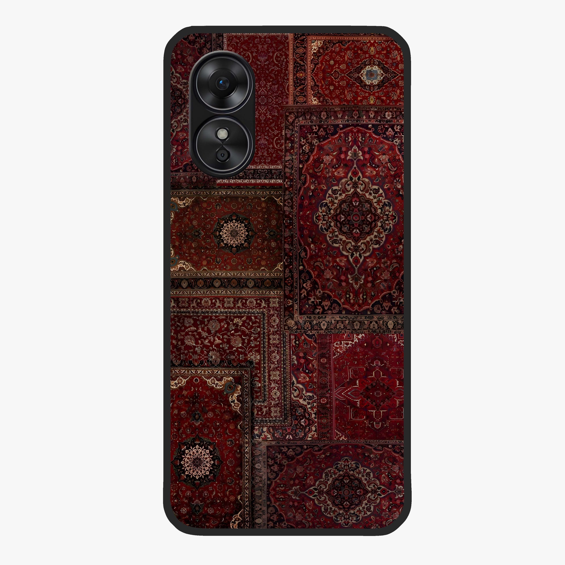 Persian Velvet Tale Glass Case showing flat back view with luxurious Persian velvet pattern artwork and glossy glass finish.