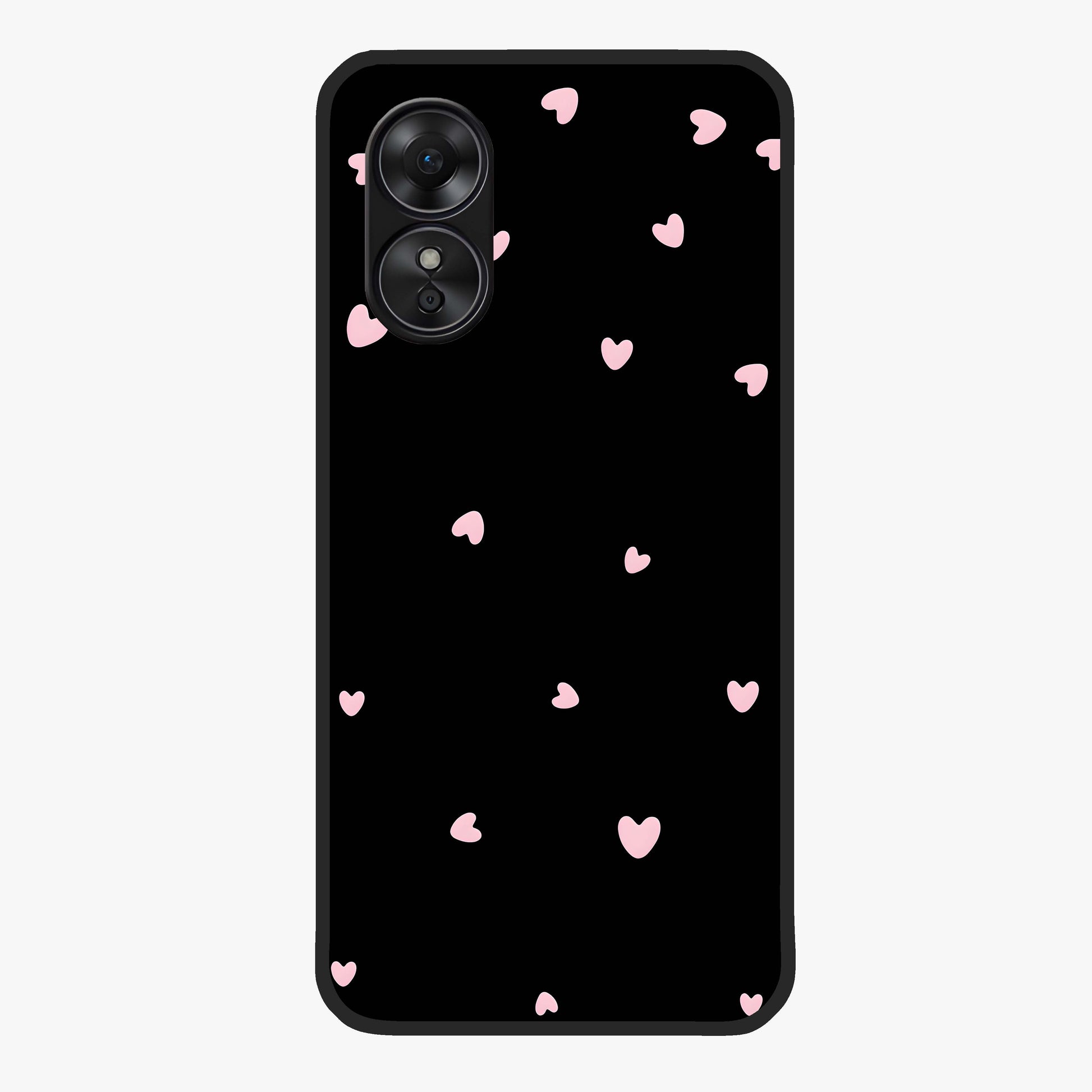 Pink Love Drops Glass Case showing flat back view with playful pink heart drops artwork and glossy glass finish.