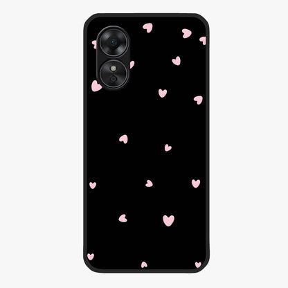 Pink Love Drops Glass Case showing flat back view with playful pink heart drops artwork and glossy glass finish.