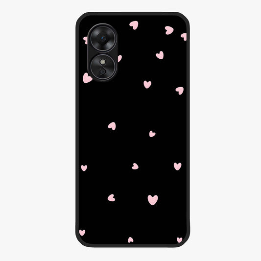 Pink Love Drops Glass Case showing flat back view with playful pink heart drops artwork and glossy glass finish.