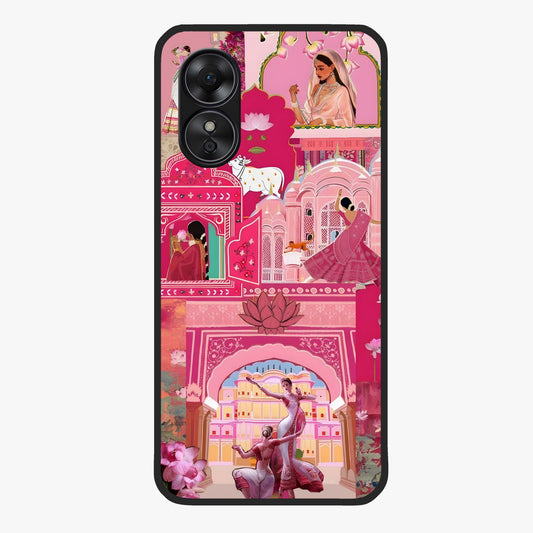 Pink Palace Muse Glass Case showing flat back view with elegant palace inspired artwork and glossy glass finish.