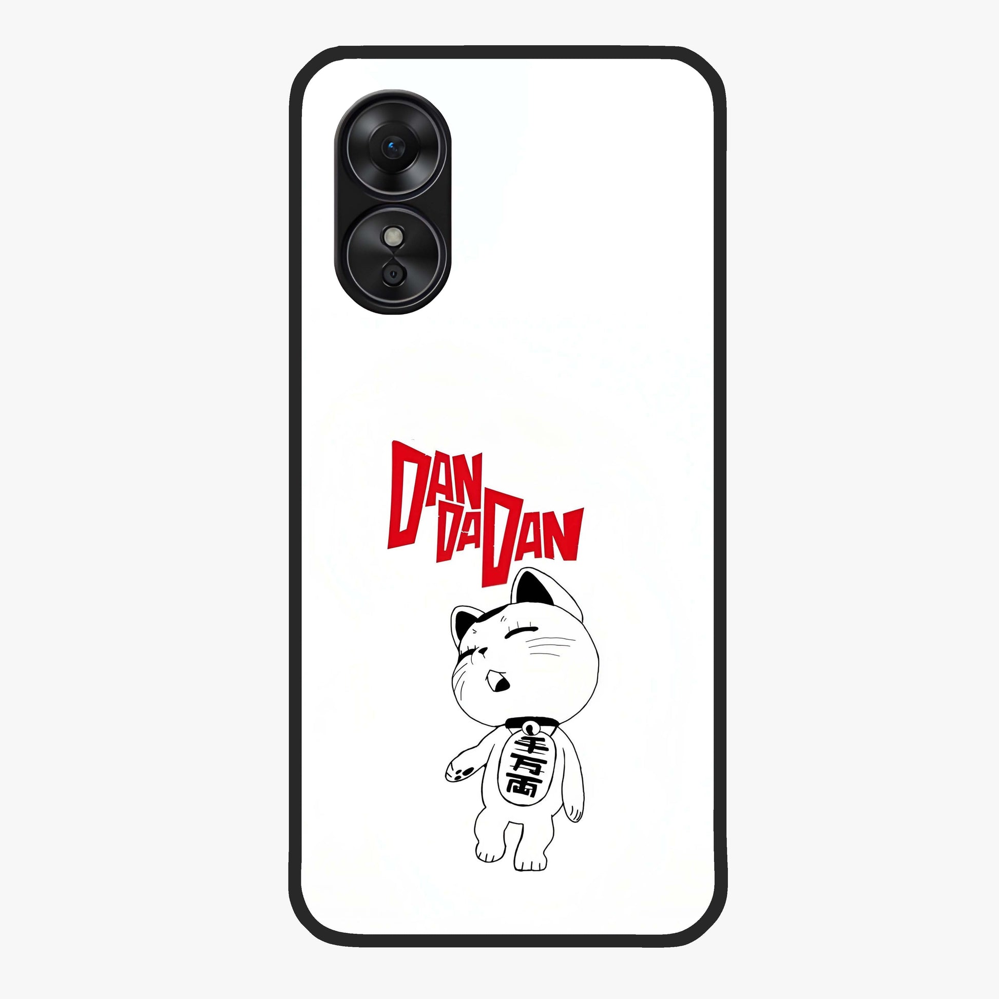 Playful Spirit Charm Glass Case showing flat back view with cheerful charm themed artwork and glossy glass finish.