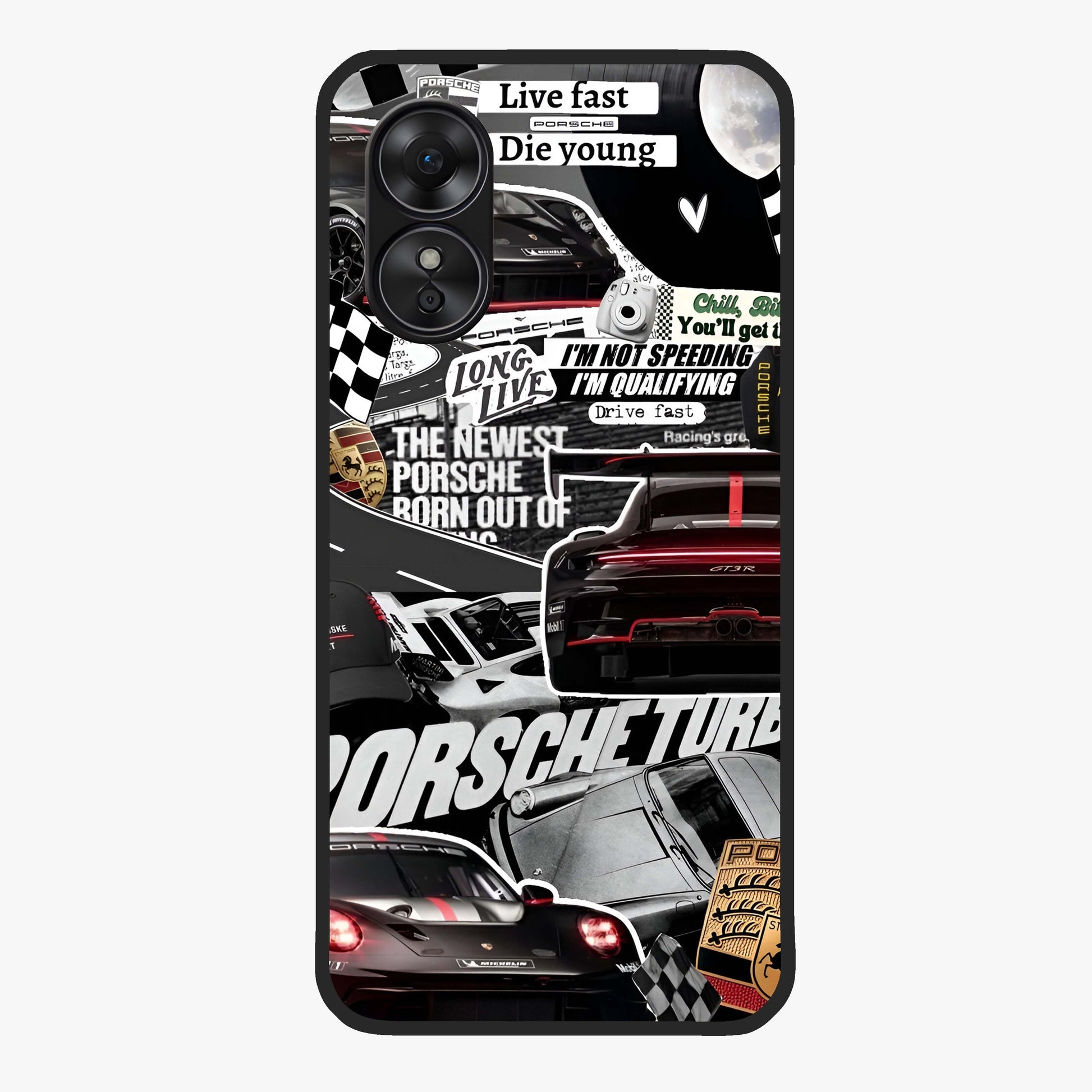 Porsche Racing Collage Glass Case showing flat back view with sports car racing collage artwork and glossy glass finish.