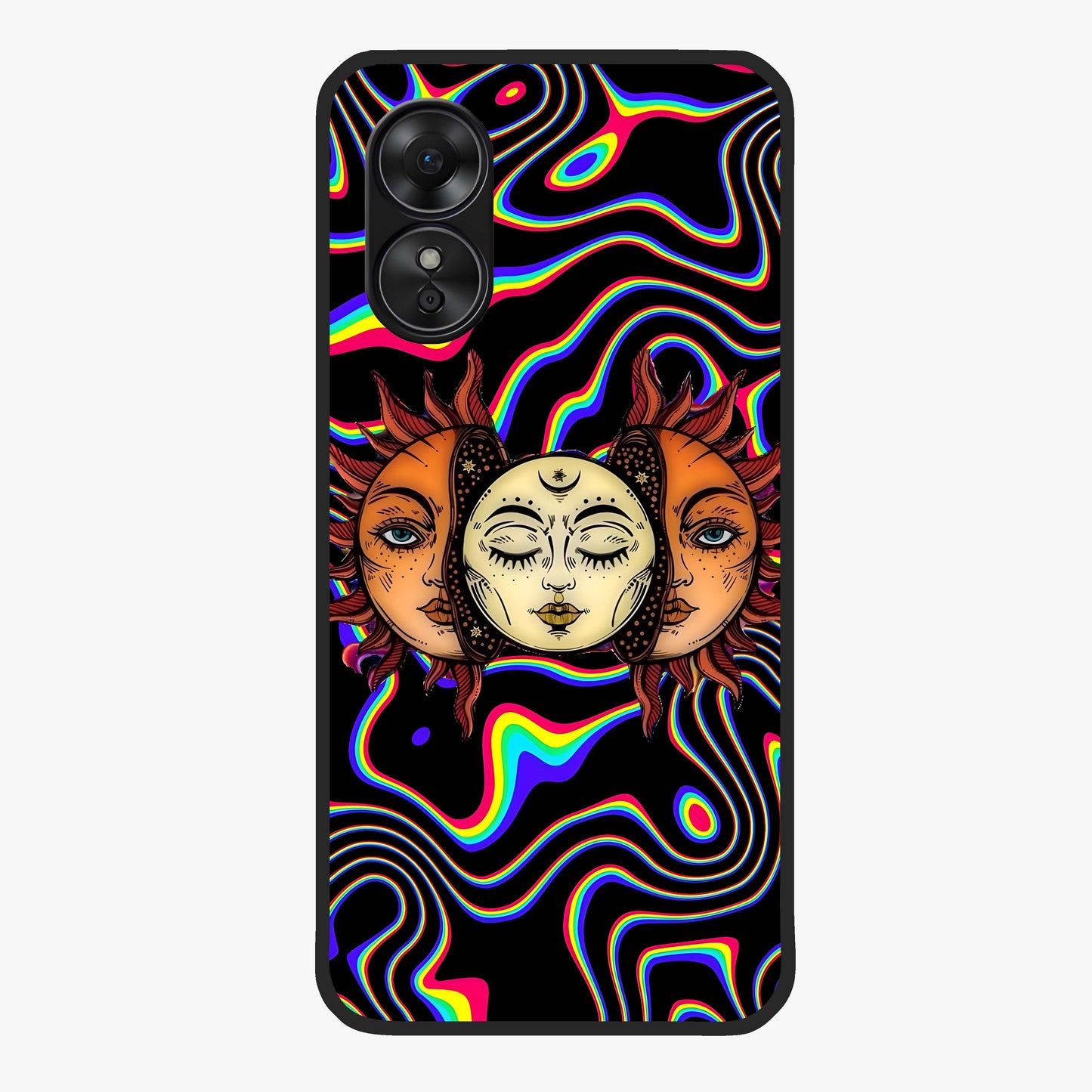 Psychedelic Sun Glass Case showing flat back view with colorful psychedelic sun artwork and glossy glass finish.