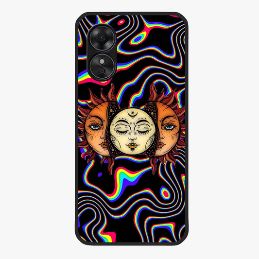 Psychedelic Sun Glass Case showing flat back view with colorful psychedelic sun artwork and glossy glass finish.