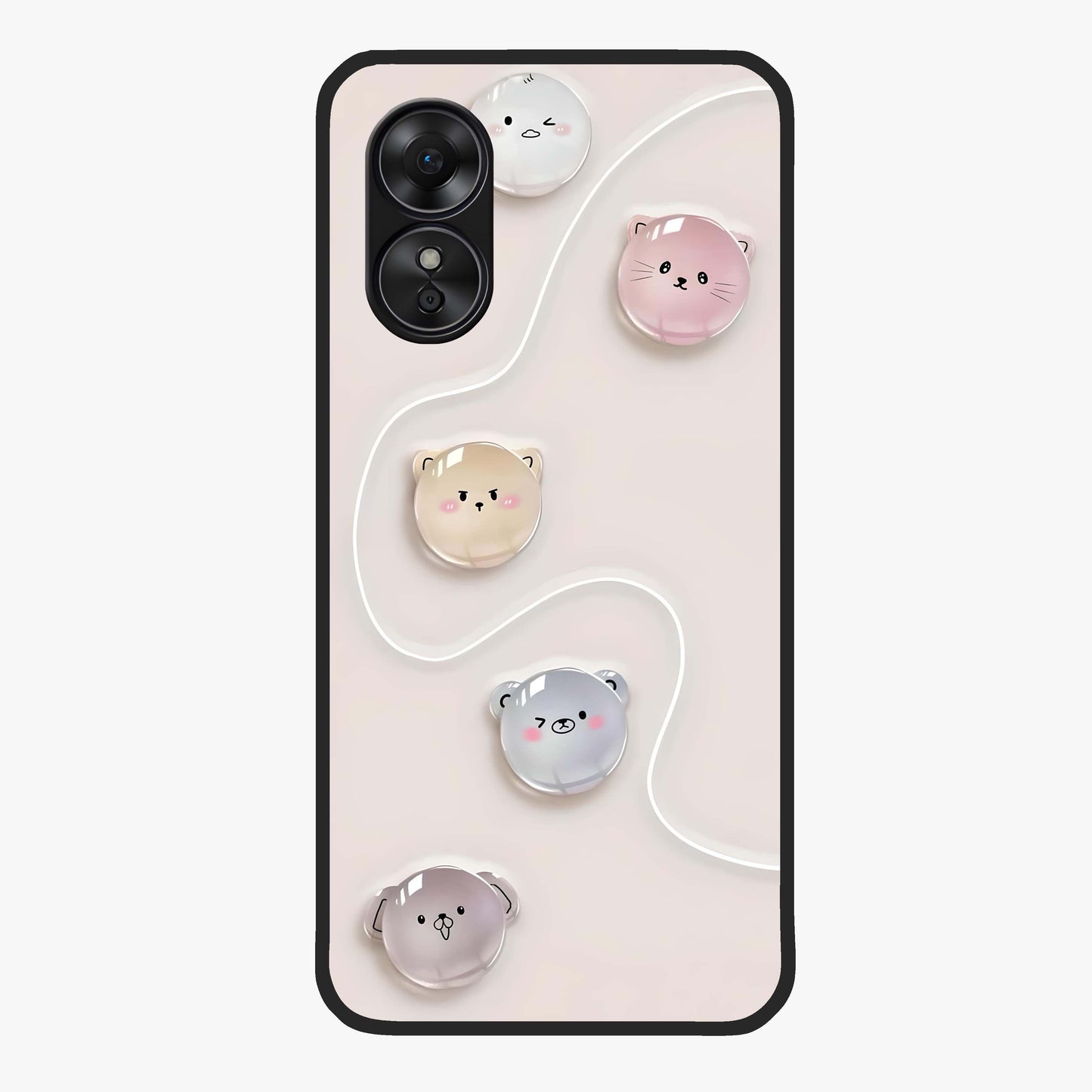 Puffy Face Parade Glass Case showing flat back view with cute puffy character faces artwork and glossy glass finish.