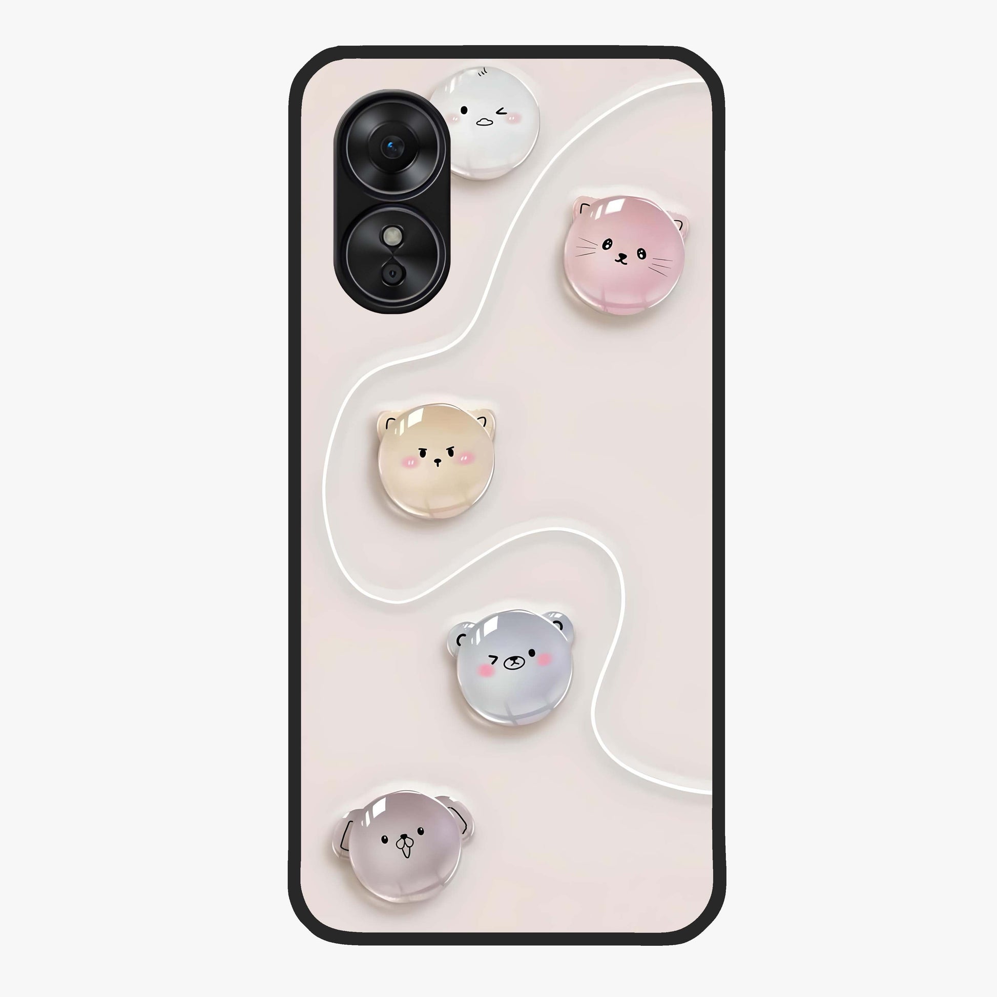 Puffy Face Parade Glass Case showing flat back view with cute puffy character faces artwork and glossy glass finish.