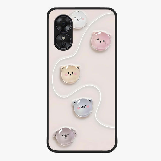 Puffy Face Parade Glass Case showing flat back view with cute puffy character faces artwork and glossy glass finish.