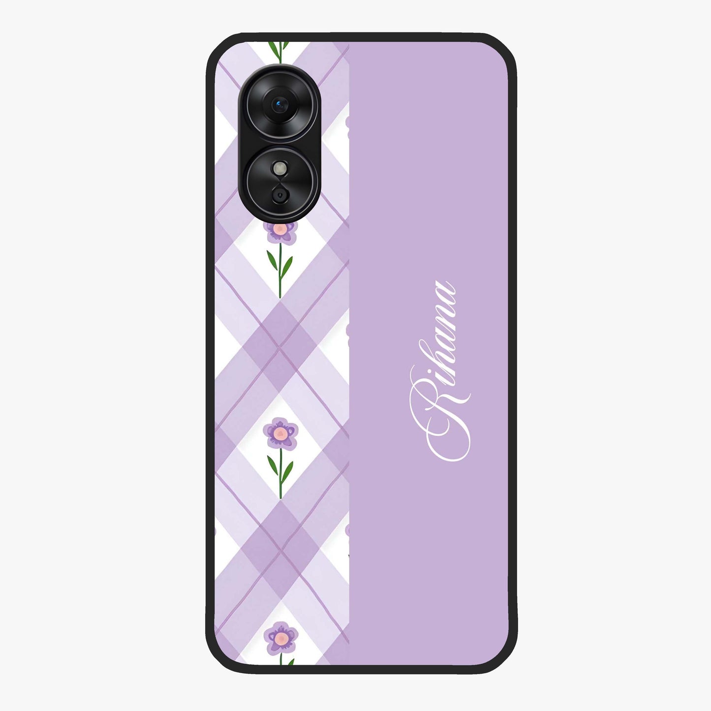 Purple Diamond Floral Glass Case showing flat back view with diamond shaped floral artwork and glossy glass finish.