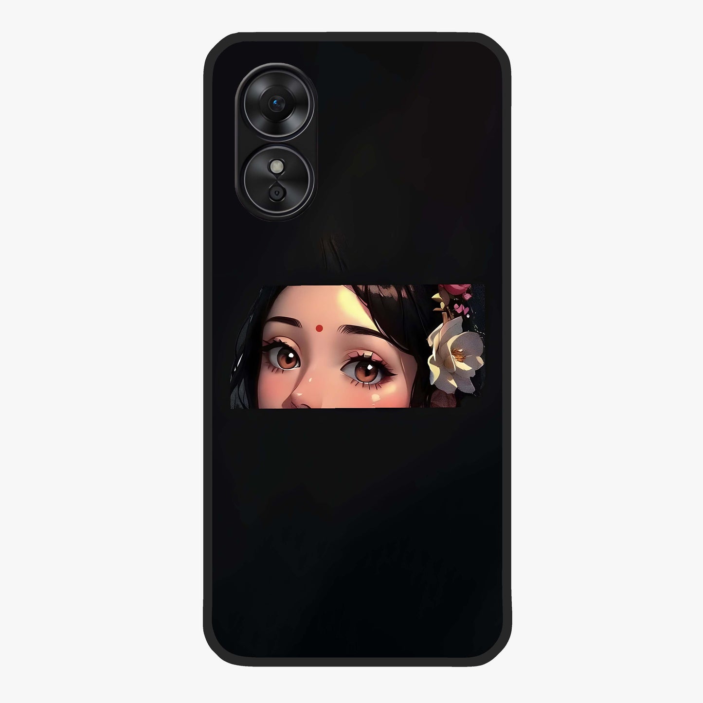 Radha Divine Embrace Glass Case showing flat back view with devotional Radha artwork and glossy glass finish.