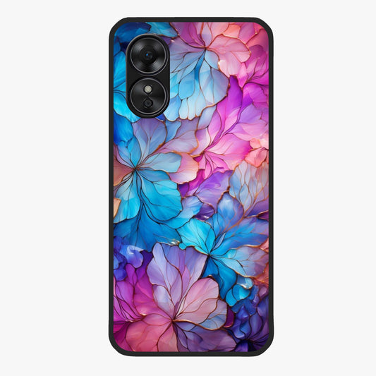 Radiant Floral Whirl Glass Case showing flat back view with swirling floral artwork and glossy glass finish.