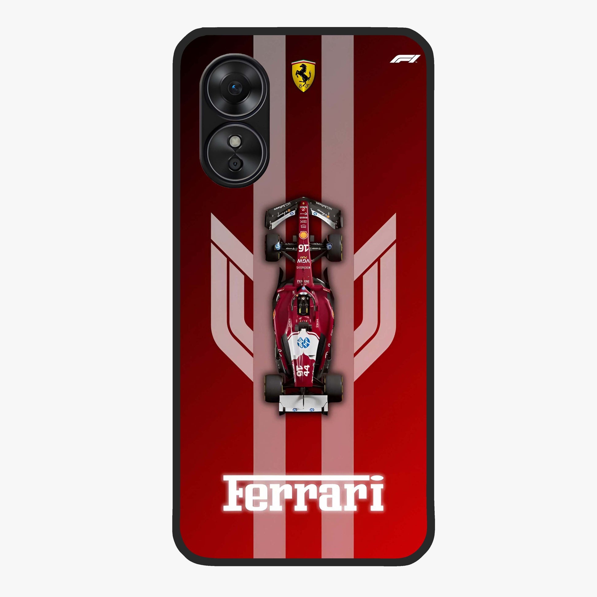 Red Ferrari F1 Vertical Glass Case showing flat back view with sleek Formula racing car artwork and glossy glass finish.