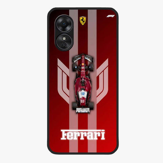 Red Ferrari F1 Vertical Glass Case showing flat back view with sleek Formula racing car artwork and glossy glass finish.