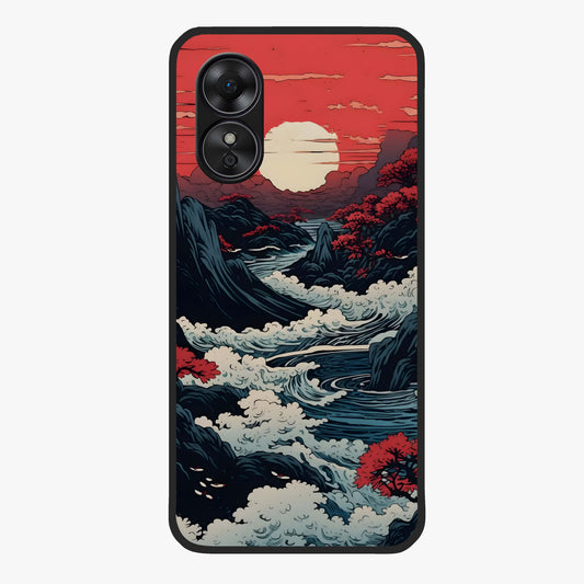 Red Sunset Scenery Glass Case showing flat back view with vibrant sunset landscape artwork and glossy glass finish.