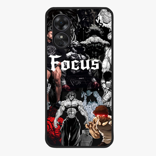 Relentless Power Focus Glass Case showing flat back view with motivational typography artwork and glossy glass finish.