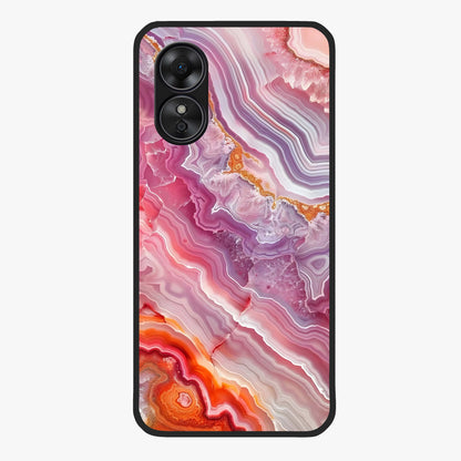 Rose Quartz Marble Glass Case showing flat back view with pink marble quartz texture artwork and glossy glass finish.