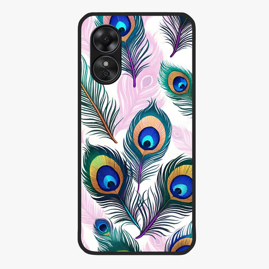 Royal Peacock Feathers Glass Case showing flat back view with colorful peacock feather artwork and glossy glass finish.