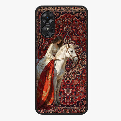 Royal Rider Tapestry Glass Case showing flat back view with majestic horse rider tapestry artwork and glossy glass finish.
