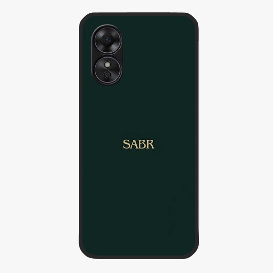 Sabr Minimal Patience Glass Case showing flat back view with minimalist typography artwork and glossy glass finish.