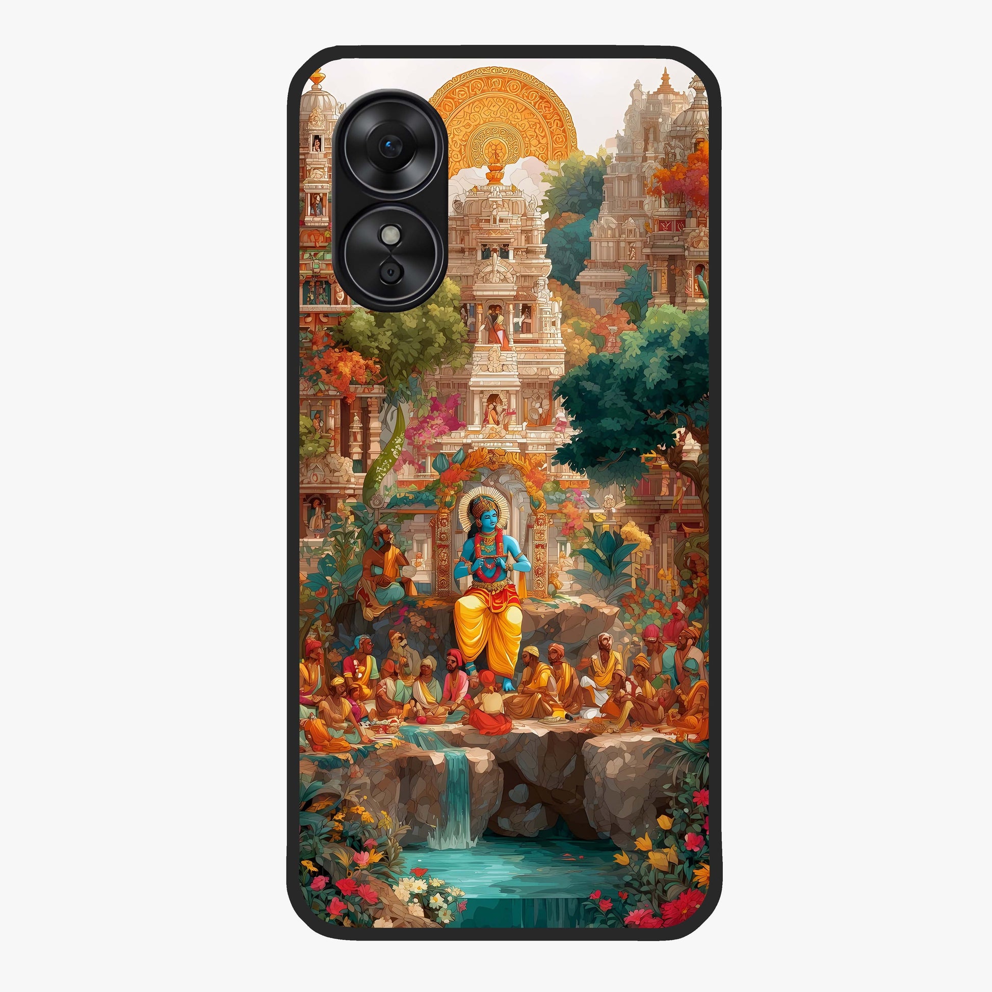 Sacred Sunlight Gods Glass Case showing flat back view with divine sunlight themed artwork and glossy glass finish.