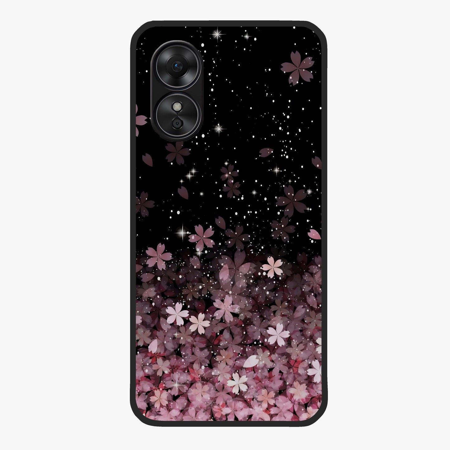 Small Starry Flowers Glass Case showing flat back view with delicate starry floral artwork and glossy glass finish.
